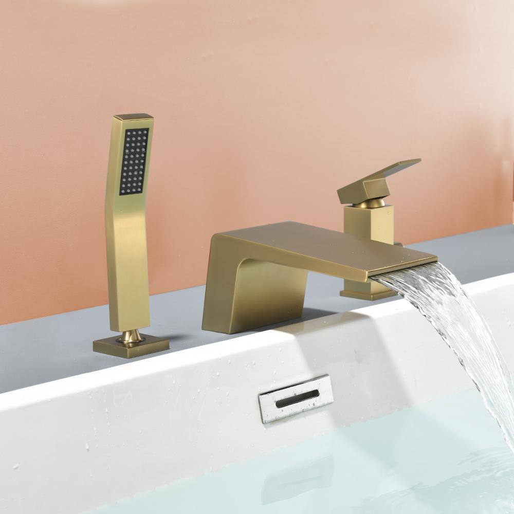 Brushed Gold Single Handle Waterfall Tub Faucet with Hand Shower