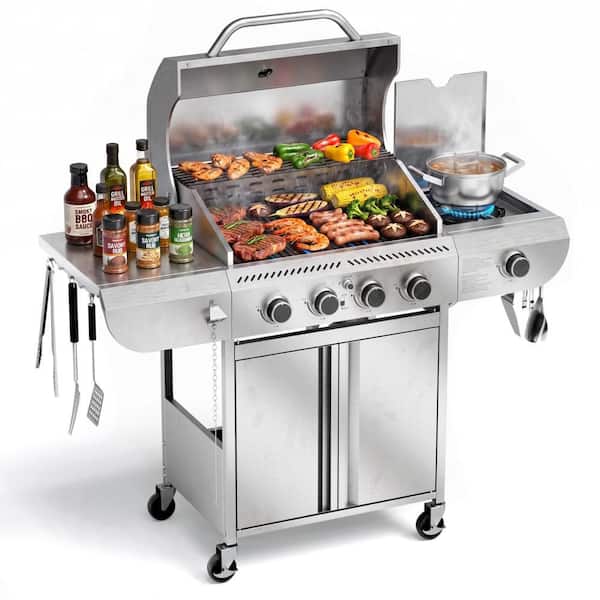4-Burner Portable Stainless Steel Silver Propane Grill With Versatile Cooking System