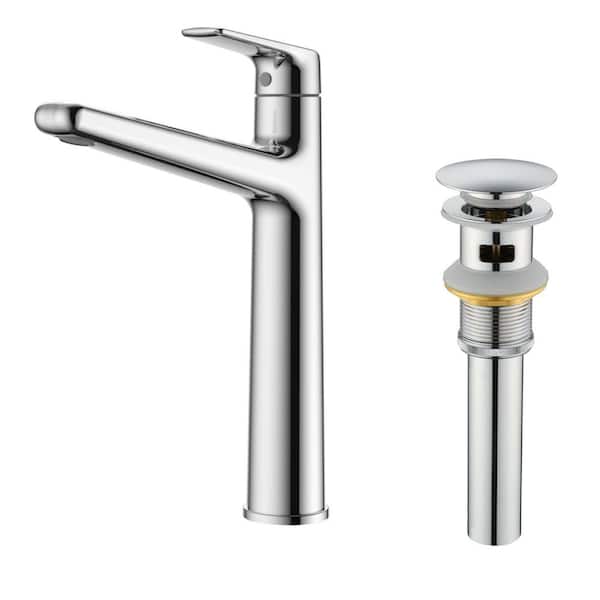 Single Handle Bathroom Vessel Sink Faucet with Pop-Up Drain Brass 1 Hole High Tall Bathroom Basin Tap in Polished Chrome