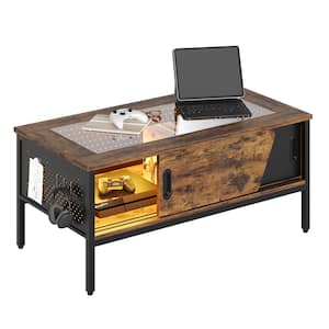 41.73 in. Rustic Brown Rectangle Wood LED Coffee Tables for Living Room with Storage and Glass Tabletop