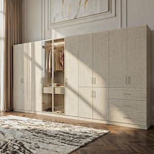 Beige-F Wood 157.5 in. Armoire with 6-Drawer, Hanging Rods, Shelves, Top Cabinets and Linen Finish for Bedroom Storage
