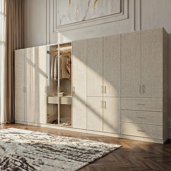 Beige-F Wood 157.5 in. Armoire with 6-Drawer, Hanging Rods, Shelves, Top Cabinets and Linen Finish for Bedroom Storage