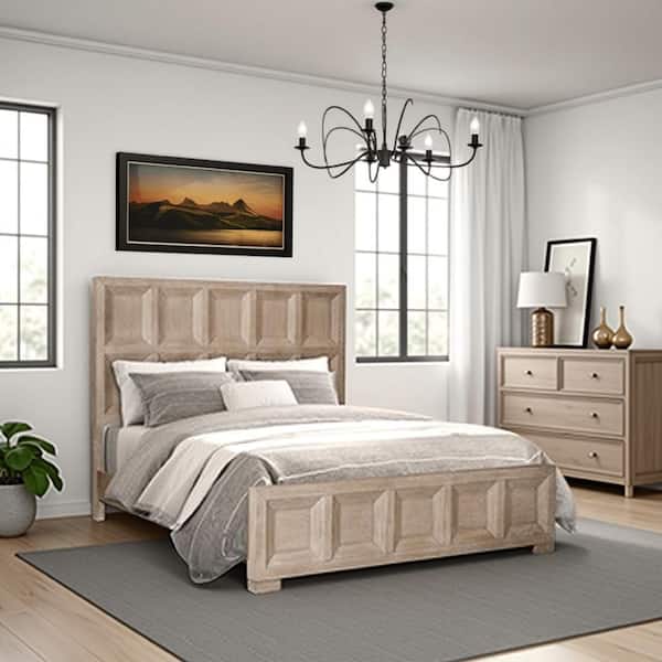 Beige Wood Frame King Size Platform Bed with Headboard