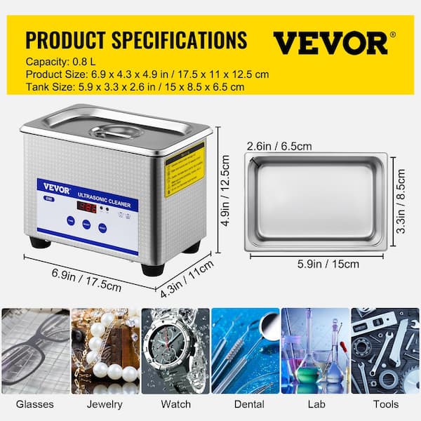 VEVOR 0.8L Professional Ultrasonic Cleaner 304 Stainless Steel Digital Lab Ultrasonic Cleaner QXJ0.8LCSB0000001V1