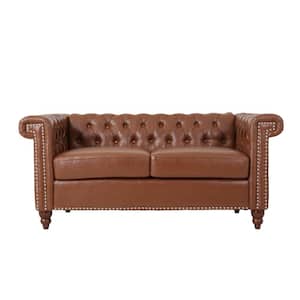 Brinkhaven 61 in. W Cognac Brown and Espresso Contemporary Button Tufted 2-Seat Loveseat with Nailhead Trim