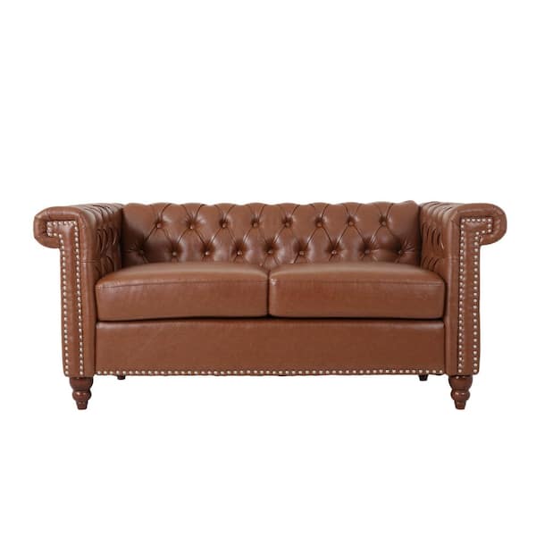 Noble House Brinkhaven 61 in. W Cognac Brown and Espresso Contemporary Button Tufted 2-Seat Loveseat with Nailhead Trim