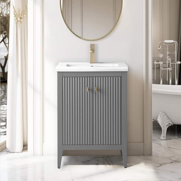 24 in. W x 18.5 in D x 34 in. H Single Sink Bath Vanity Cabinet in Linear Gray with White Ceramic Top
