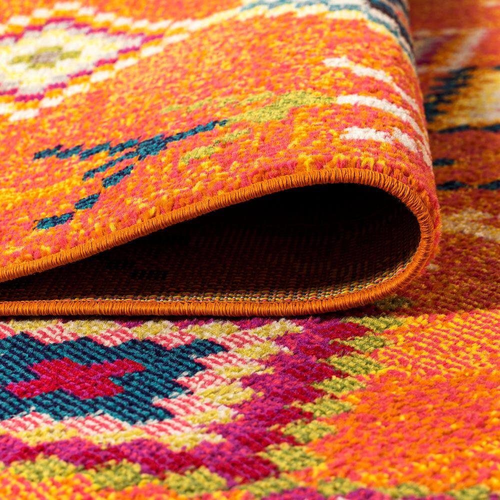 Orange Multicolor Geometric Synthetic Runner Rug
