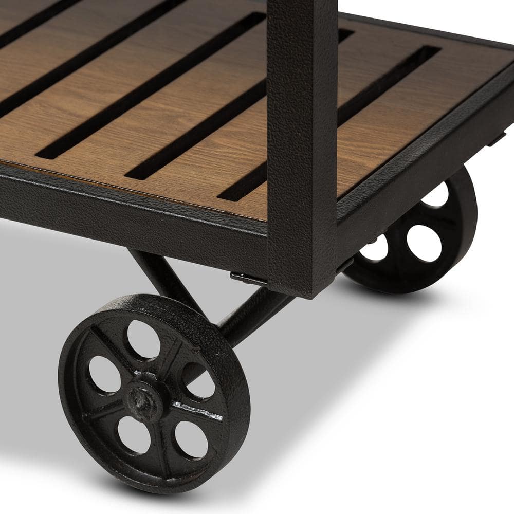 Antique Black & Distressed Oak Wood Mobile Bar Cart with Wine Rack