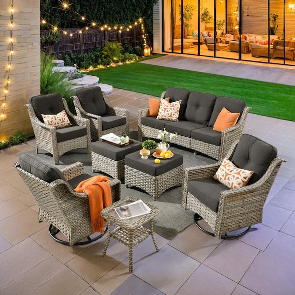 XIZZI Blanche 8-Piece Wicker Patio Conversation Seating Sofa Set with Black Cushions and Swivel Rocking Chairs