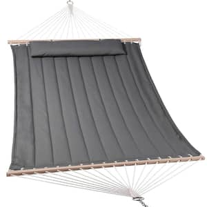 12-15 ft Quilted Double 2-Person Hammock with Hardwood Spreader Bar and Pillow in Gray