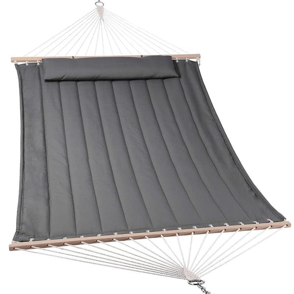 Atesun 12-15 ft Quilted Double 2-Person Hammock with Hardwood Spreader Bar and Pillow in Gray