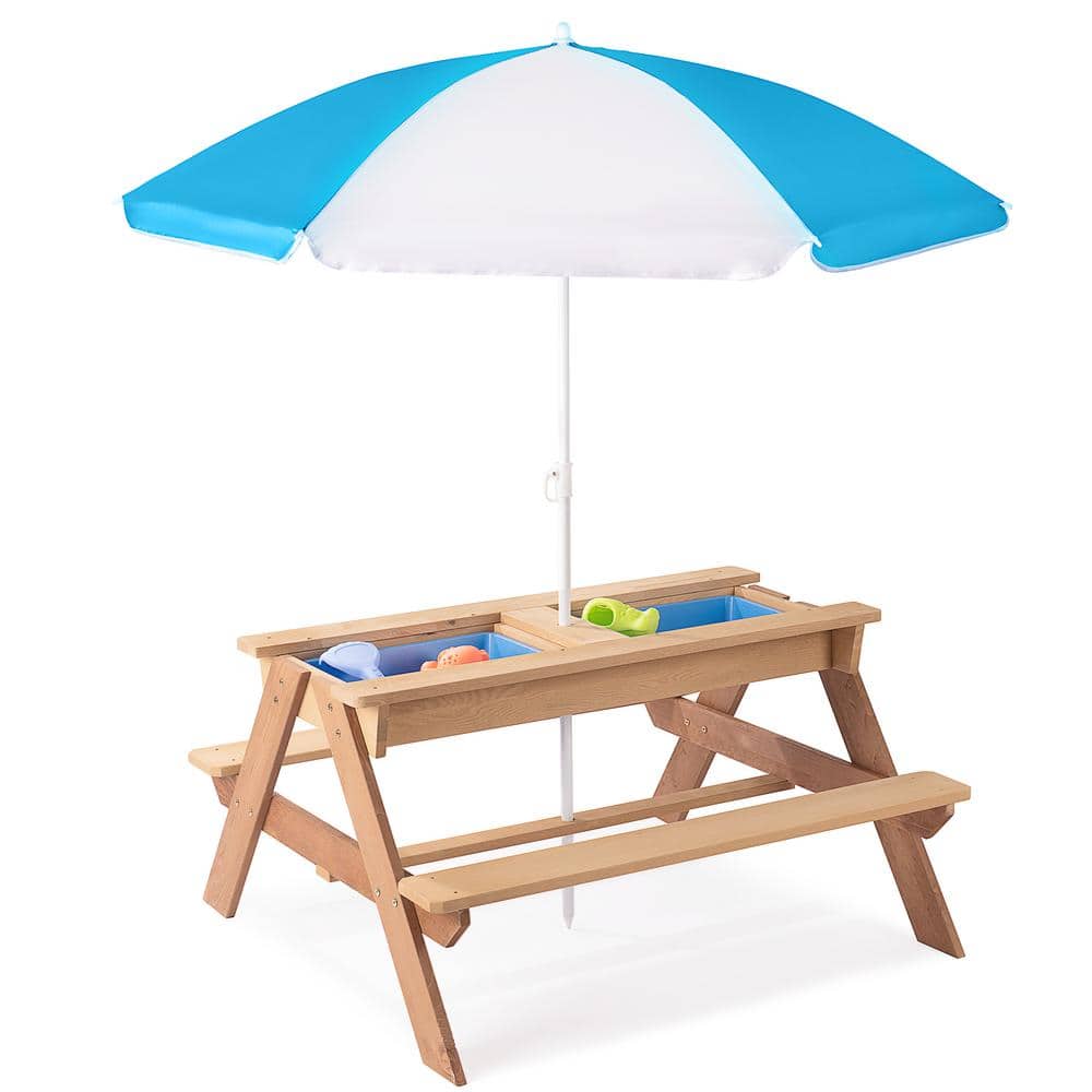 3-in-1 Sand and Water Table, Wood Outdoor Convertible Picnic Table with Umb