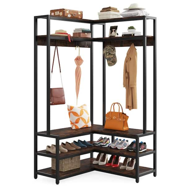 Carmalita White and Brown Hall Tree with Shoe Cubby and Coat Rack, Sho