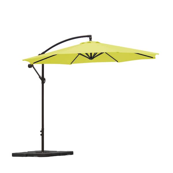 WESTIN OUTDOOR Bayshore 10 ft. Crank Lift Cantilever Hanging Offset Patio Umbrella in Lime with Base Weights