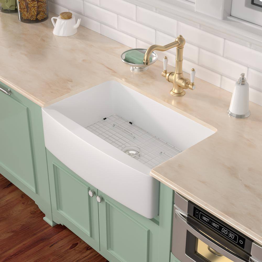 30'' Glossy White Ceramic Farmhouse Apron-Front Single Bowl Kitchen Sink