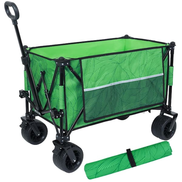 5.3 cu. ft. Green Fabric & Black Steel Folding Utility Garden Cart with Picnic Mat, Brakes & Accessory Pockets