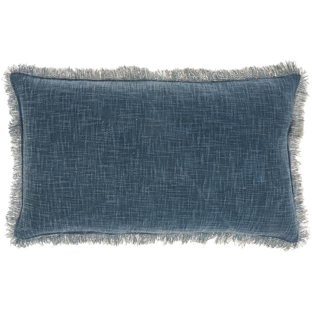 Navy Stonewash Fringed Cotton 14" x 24" Throw Pillow