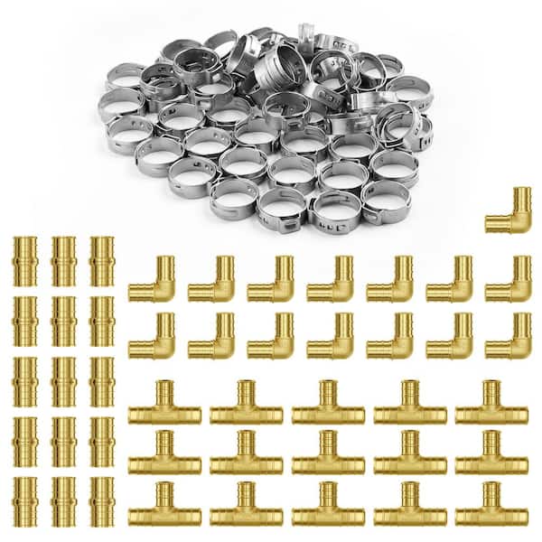 Pipe Fittings, 3/4 in. 45 PCS (15 x Straight, 15 x Elbows, 15 x Tees) Brass Pipe Fittings, Push-Fit Pipe Connector