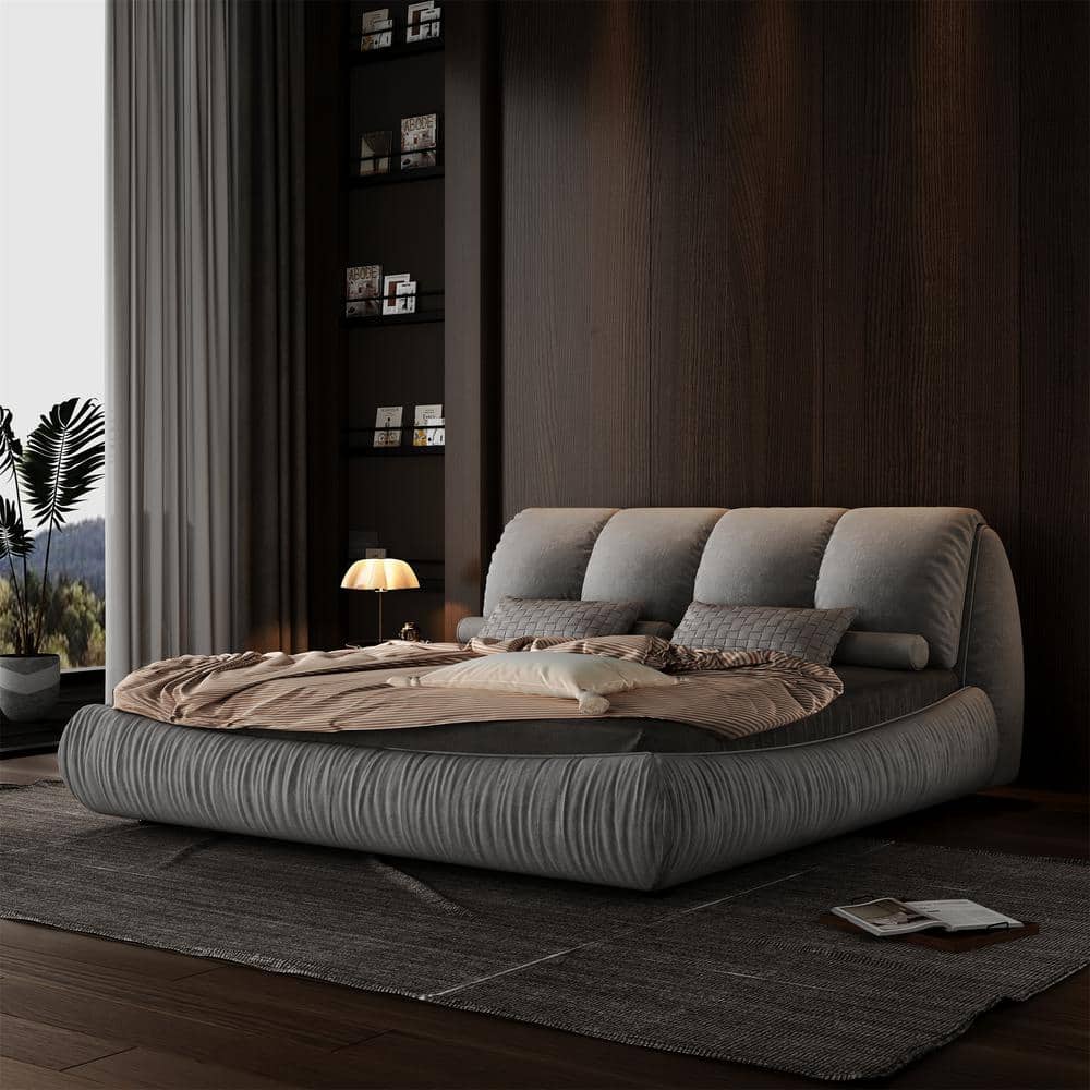 High End Gray Wood Frame King Size Upholstered Platform Bed with Oversize Headboard, Thickened Slats, Pleating Bed Body
