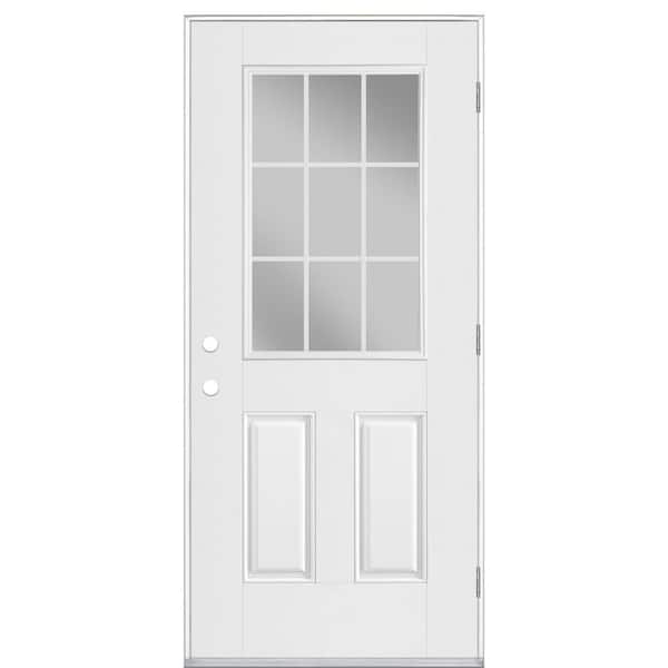 Masonite 32 in. x 80 in. Primed 9 Lite Internal Grille Left Hand Outswing Smooth Fiberglass Prehung Front Door with No Brickmold