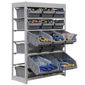 Gray 6-Tier Boltless Bin Storage System Garage Storage Rack (16 Plastic Bins in 6 Tier)