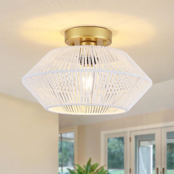 12.59 in. 1-Light Gold and White Metal Semi-Flush Mount Light with Imitation Hemp Rope Shade and No Bulbs Included