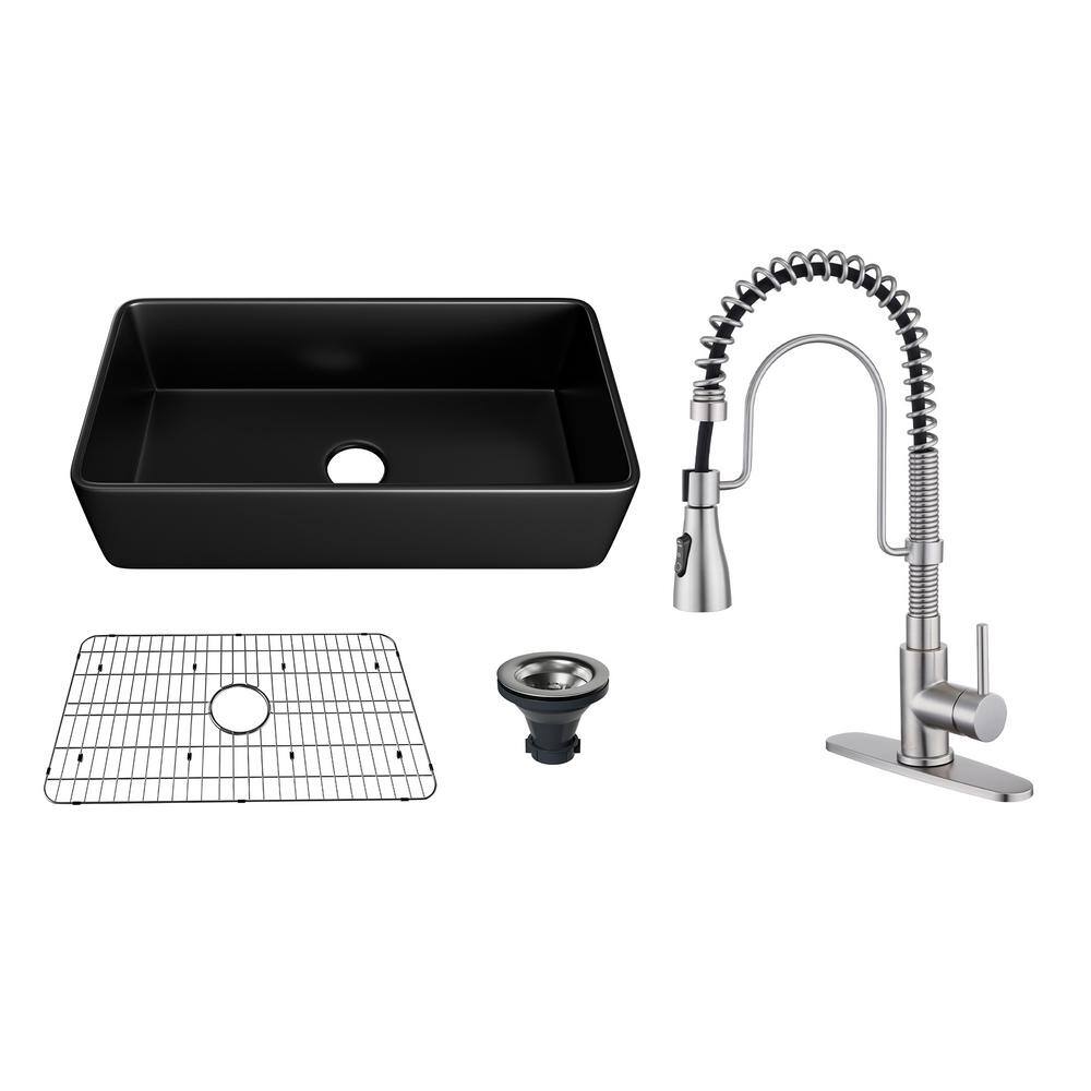 All-in-One 36 in. Farmhouse/Apron-Front Single Bowl Fireclay Kitchen Sink with Kitchen Faucet, Grid, and Basket Strainer