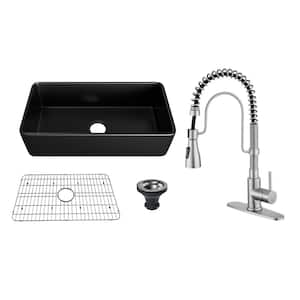 All-in-One 36 in. Farmhouse/Apron-Front Single Bowl Fireclay Kitchen Sink with Kitchen Faucet, Grid, and Basket Strainer