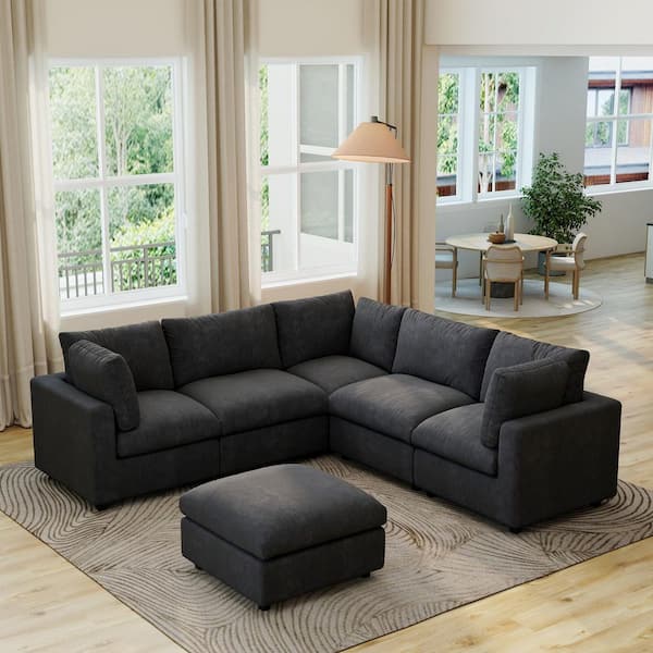 Magic Home 100 in. Square Arm 6-Piece Chenille L-Shaped Modualr Sectional Sofa Corner Couch with Ottoman for Gathering in. Black