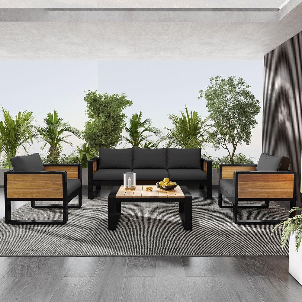 Ivora Outdoor 4-Piece Black Aluminum Patio Conversation Set with Grey Cushions and Fold-Out Side Tables price history on PriceWatchPro