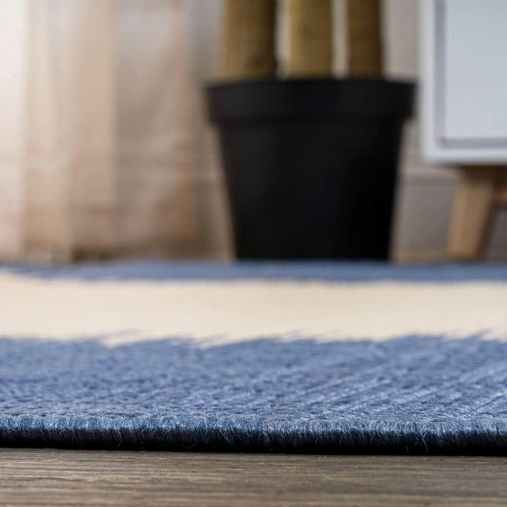 Tavira Blue and Beige Striped Synthetic Runner Rug