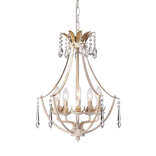 Edvivi 5-Light Antique White with Antique Gold Accents Crystal Chandelier