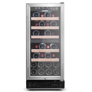 15 in. 28-Wine Bottle Dual Zone Free Standing Beverage and Wine Cooler in Stainless Steel with Removable Shelf