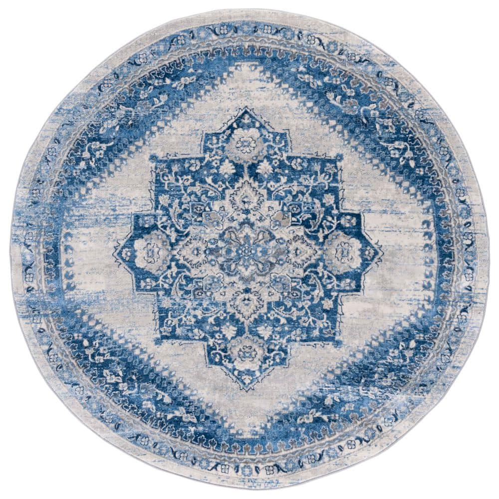 SAFAVIEH Brentwood 7 ft. x 7 ft. Blue/Ivory Medallion Traditional Round ...