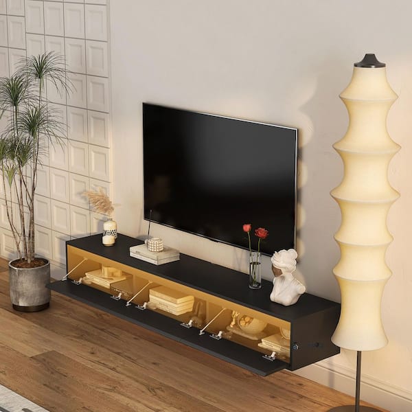 64.96 in. W x 11.81 in. D Black MDF Decorative Wall Shelf with 3 Plugs, 2 USB Ports  and 3 Cabinets, Floating TV Stand