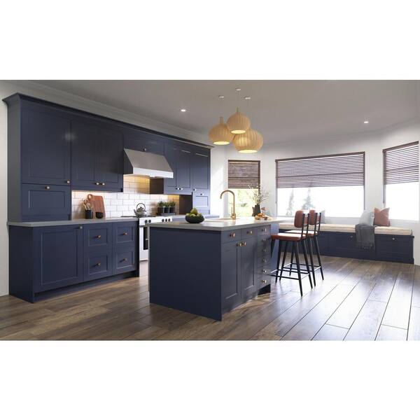 J COLLECTION Devon Painted Blue Recessed Assembled 2 Waste Bins Pull Out Kitchen Cabinet (18 in. W x 34.5 in. H x 24 in. D)