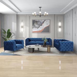 3-Piece Blue Velvet Upholstered Living Room Set with Button-tufted Design