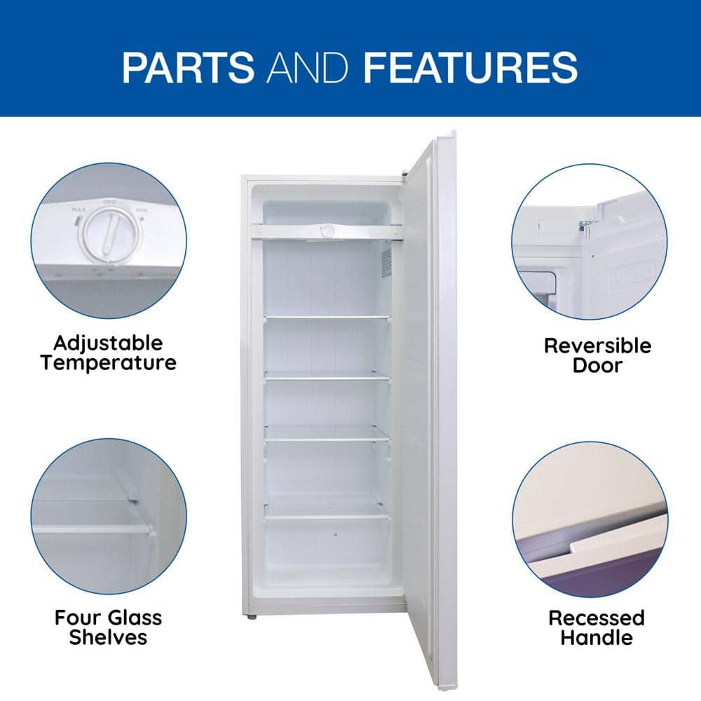White Compact Upright Freezer with Glass Shelves, 7.0 cu ft