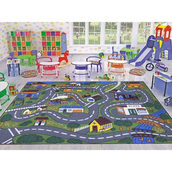 Ottomanson Jenny Collection Non-Slip Rubberback Educational Town Traffic Play 3x5 Kid's Area Rug,3 ft. 3 in.x5 ft.,Green/Multicolor
