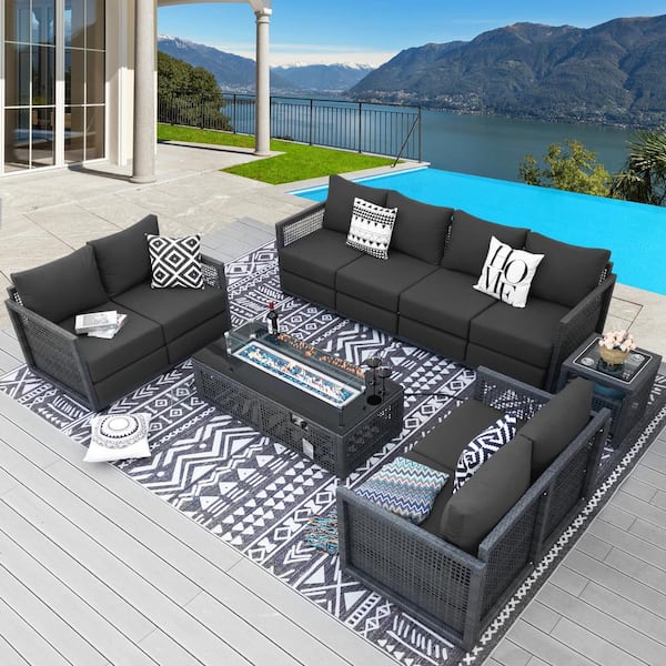 FINCATI Modern 6-Piece Gray Wicker Patio Frie Pit Deep Sectional Seating Sofa Set with Ultra Thick Gray Cushions