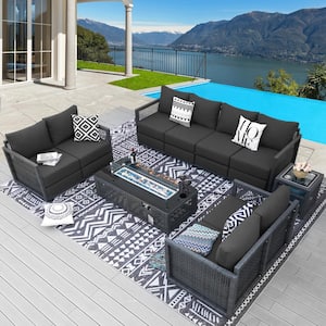 Modern 6-Piece Gray Wicker Patio Frie Pit Deep Sectional Seating Sofa Set with Ultra Thick Gray Cushions