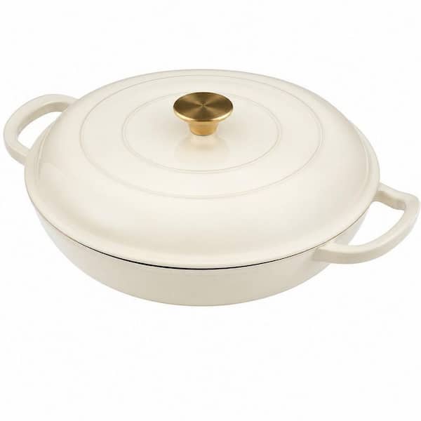 3.8 qt. Cast Iron Dutch Oven in White with Lid, Shallow Cookware Braising Pan with Cookbook & Heat-resistant Caps