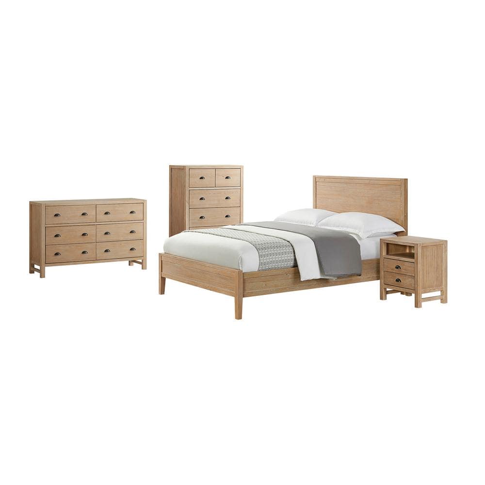 Alaterre Furniture Arden 4-Piece Light Driftwood Wood Bedroom Set with Queen Bed, 2-Drawer Nightstand, 5-Drawer Chest, 6-Drawer Dresser