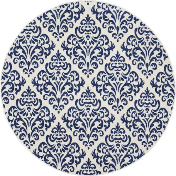 Nourison Grafix White/Blue 5 ft. x 5 ft. Persian Geometric Transitional Round Area Rug