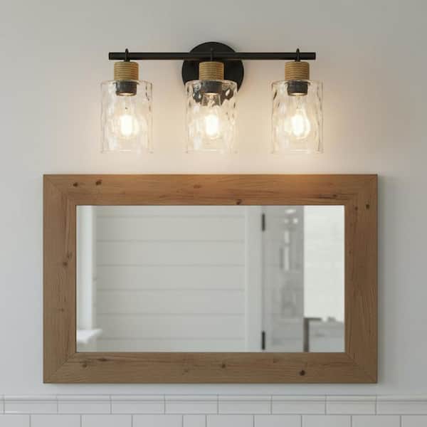 24 in. 3-Light Coastal Black Vanity Light with Clear Water Glass, Bathroom Wall Light Over Mirror