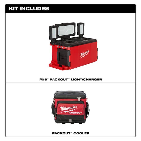 Milwaukee - M18 18-Volt Lithium-Ion Cordless PACKOUT 3000 Lumens LED Light with Built-In Charger w/15.75 in. PACKOUT Cooler Bag
