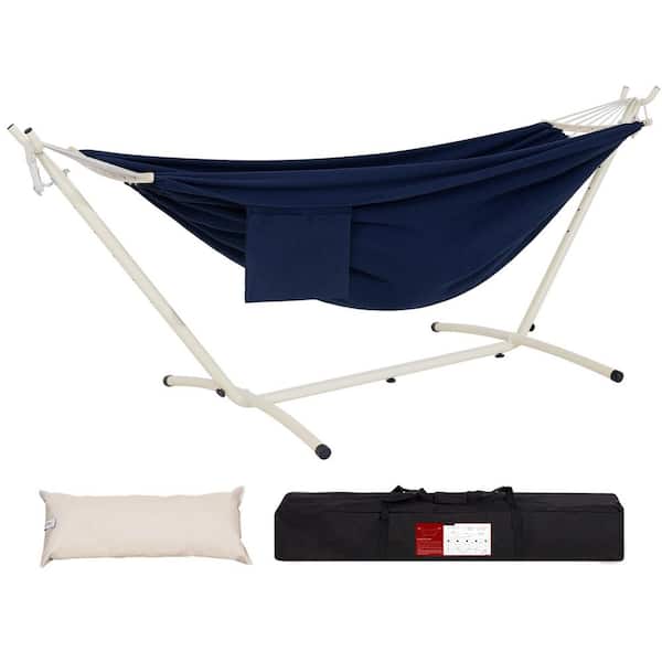 9 ft. 2 Person Heavy Duty Outdoor Hammock with Durable Steel Stand, Rope Bracket, Carring Bag, Navy Blue