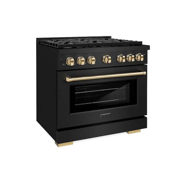 ZLINE Kitchen and Bath Autograph Edition 36 in. 6-Burner Freestanding Gas Range and Convection Oven in Black Stainless Steel and Polished Gold