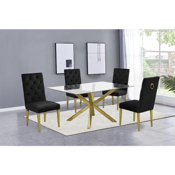 Best Quality Furniture Tom 5-Piece Rectangle Glass Top with Gold Stainless Steel Base Table Set with 4-Black Velvet Chairs W/Tufted Buttons